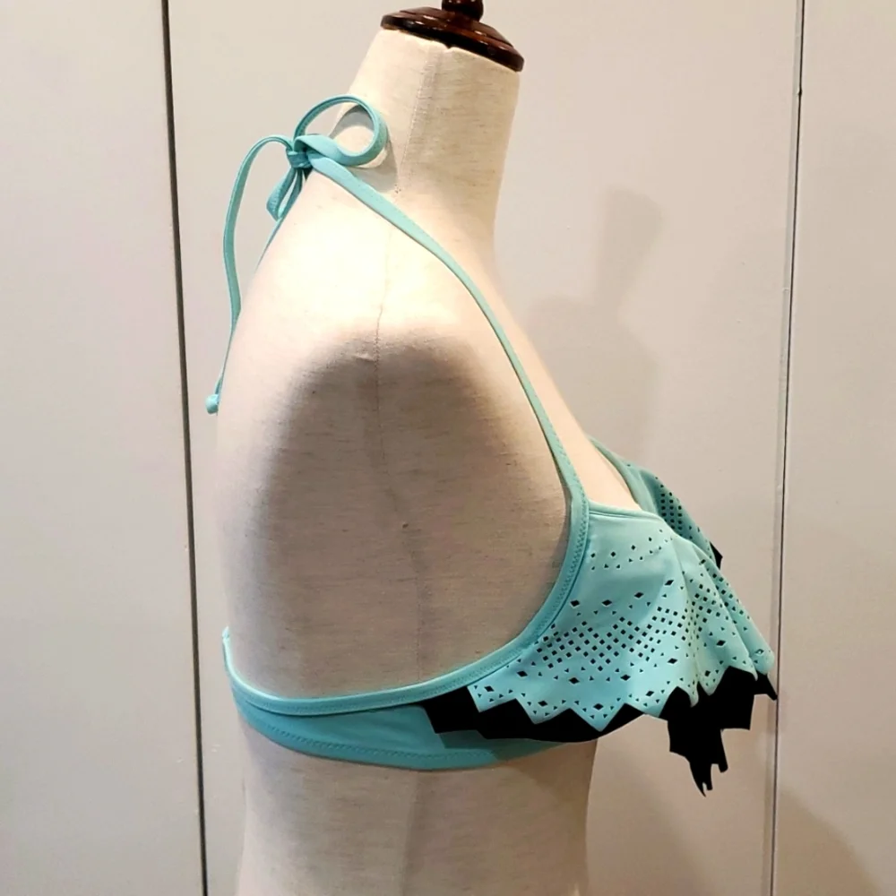 Pink Victoria's Secret Turqoise And Black Laser Cut Ruffle Bikini Top Size S